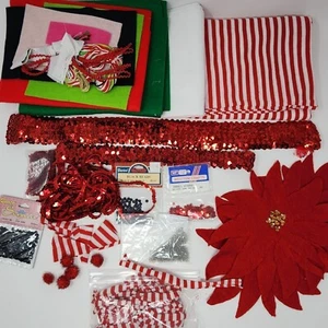 Christmas Crafters Lot Felt Fabric Red White Stretch Fabric Beads Thread VTG - Picture 1 of 9