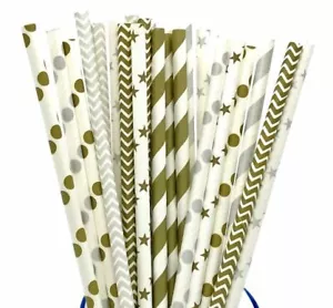 25 Gold Silver Paper Retro Vintage Party Drinking Straws Birthday Wedding - Picture 1 of 9