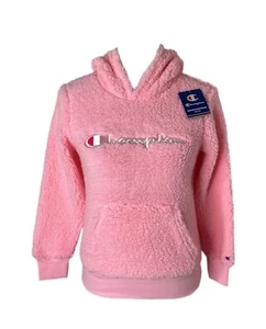 Girl's Medium Teddy Sherpa Hoodie Champion Pink Big Logo Pullover - Picture 1 of 7