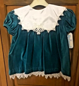 Vintage Bryan Girls Dress Size 24 Months Velvet Teal with Large Satin Collar NWT - Picture 1 of 6