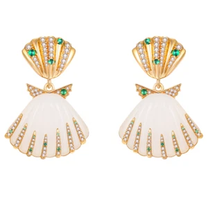 WHITE MOTHER OF PEARL w/18K PLATED GOLD on SILVER SEASHELL DANGLE EARRINGS  - Picture 1 of 2