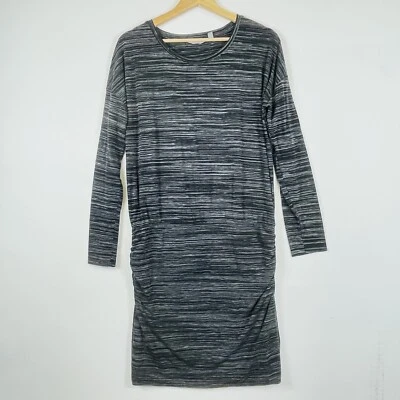 Athleta Black White Stripe Long Sleeve Ruched Drop Waist Dress Womens Medium - Image 1 of 4
