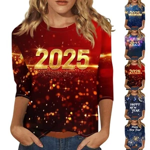 Women's Fashion Casual Three-quarter Sleeve New Year Printed Round Neck Top New - Picture 1 of 27