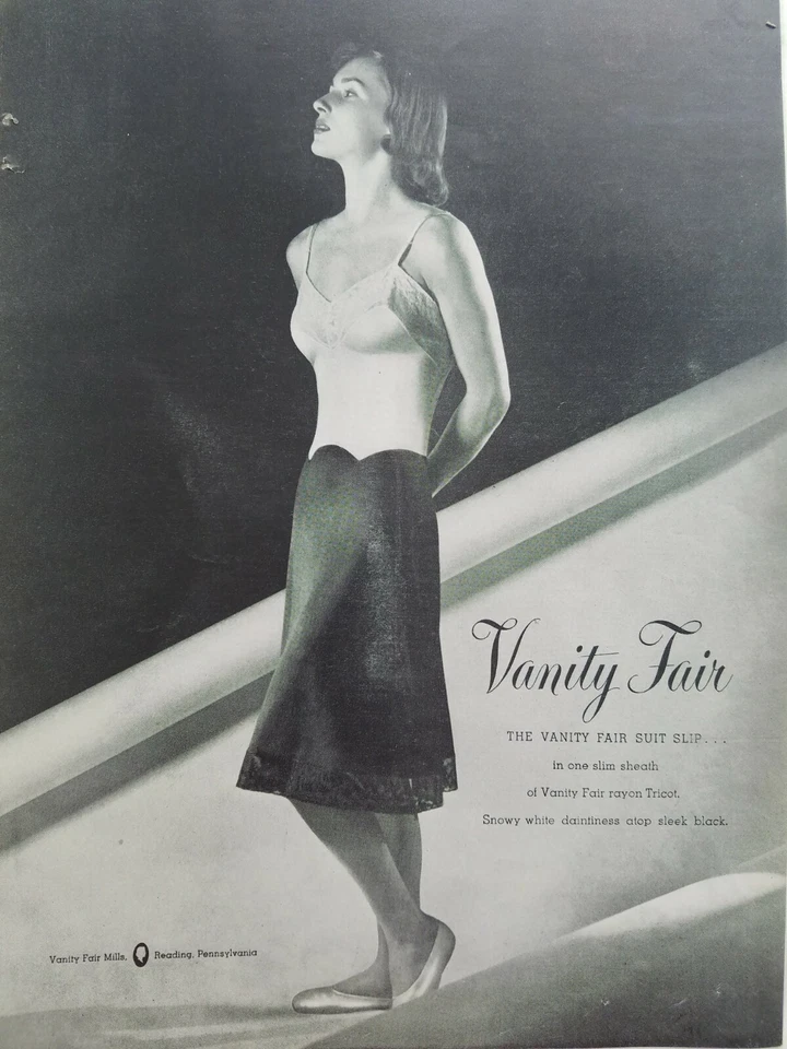 1947 Mujer Vanity Fair Blanco Nevado y Negro Dos Tonos Slip Lencería Anuncio De Colección Foto 1 de 1