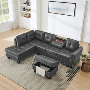 Grey Faux Leather Synthetic Leather 3-Piece Sofa Set with Storage Footstool - Picture 1 of 19