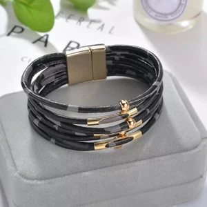 Women's Gold Black Grey Multi Layered Animal Print Fashion Bracelet - Picture 1 of 4