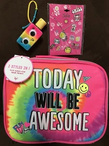 JUSTICE “TODAY WILL BE AWESOME” LNCHBOX/NECKLACE/WIGGLY EYES SANITIZER WOW CUTE! - Picture 1 of 4