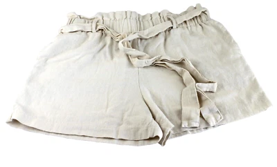 Pantalones Cortos Doble Cero Lino Rayón Para Mujer LG Beige Pull Up Lazo Cintura Bolsillos Foto 1 de 4