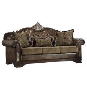 ORNATE ANTIQUE STYLE BROWN FAUX LEATHER TUFTED LEATHER SOFA COUCH FURNITURE - Picture 1 of 13