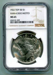 1922 FRIEDEN SILBERDOLLAR NGC MS65 HOT 50 VAM 4 DDO MOTTOMO SCHÖNE ORIGINALMÜNZE - Bild 1 von 5