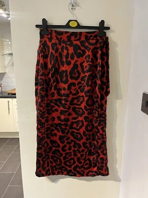 QUIZ Red Black Leopard Print Wrap Satin Midi Skirt UK 10 - Image 1 of 4