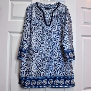 Brooks Brothers 346 Women M Tunic Blue Paisley Cotton 3/4 Sleeve Pullover Breezy - Picture 1 of 15