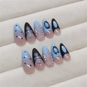 Short Almond Press-On Fake Nail Soild Shell Summer Ocean French Manicure 24pcs - Picture 1 of 7