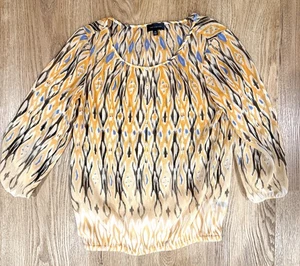 The Limited gelb braun weiß geometrisch transparent Bauern Top Bluse Blasensaum XS - Bild 1 von 7