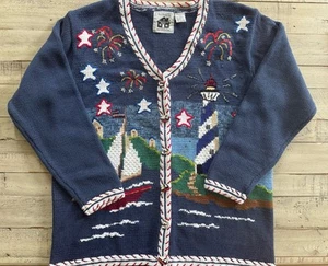 EUC Storybook Knits Sweater Lighthouse Sailboat 4th Of July Firework Large - Picture 1 of 9