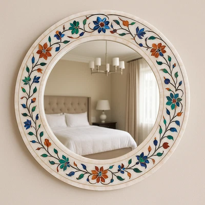 Handmade Marble Inlay Floral Round Wall Mirror | Gemstone Art Decor | Luxury Hom - Image 1 of 4