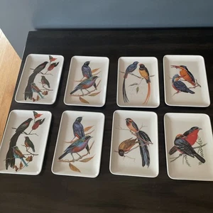 Vintage Menge 8 Melamin Rechteck Vogel Design Schmuck Serviertabletts Geschirr Italien - Bild 1 von 4