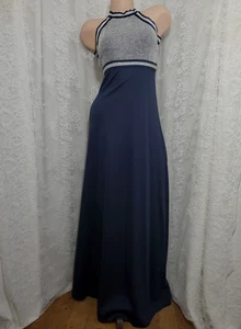 70's U.S.A. UNION Long Maxi Dress MOD HALTER GOWN Blue Silver Formal Party MED - Picture 1 of 9