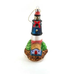 Blown Glass Christmas Ornament Lighthouse with Wreath Nautical Coastal Decor - Picture 1 of 7