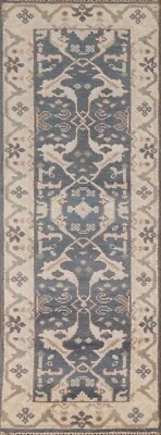 Runner Rug 3x8 ft.Blue Oushak Oriental Hand-Knotted Hallway Wool Floral Carpet - Image 1 of 4