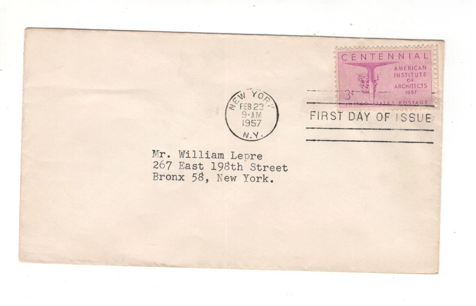 FDC cover USA 1957 New York American institute of architects - Image 1 of 1