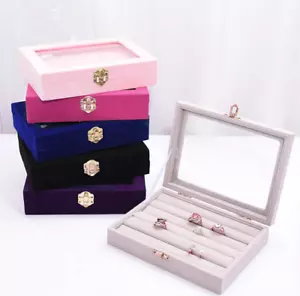 Velvet Jewelry Wood Ring Display Organizer Box Tray Holder Earring Storage Case - Picture 1 of 8