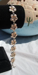 Vintage textured sterling silver 925 CZ plumeria link bracelet 12.7 gr 7 - 7.5" - Picture 1 of 4