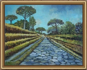 ARTE NAIF CAMPAGNA ROMANA ANTICA STRADA olio tavola ENRICO COPETTA COEN BRESCIA - Imagen 1 de 2