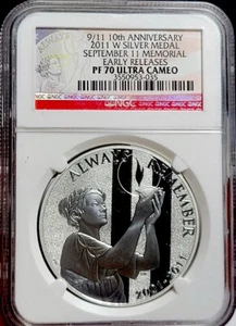 2011 W 9/11 10th Anniversary Silver Medal NGC PF70💥FLAWLESS QUALITY💥Early Rel - Picture 1 of 5