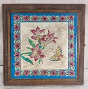 Ancien DESSOUS de PLAT MUSICAL Bois Ceramique Emaux LONGWY Fleurs Papillon art W