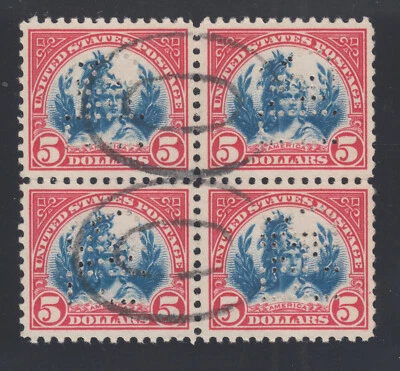 US Sc 573 used 1923 $5 Head of Freedom Statue, Perfin Block of 4, VF - Image 1 of 2