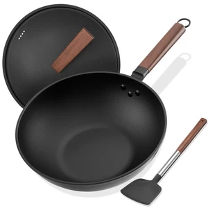 Carbon Steel Wok, 13-Inch, Pre-Seasoned, Non-Stick, with Lid and Spatula, Fla... - Picture 1 of 6