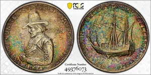 1920 Pilgrim Commemorative Half Dollar Rainbow Toned MS PCGS UNC Details - Picture 1 of 7