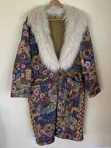 Free People L Too Much To Dream Mantel Kunstfellkragen gesteppt lang bunt - Bild 1 von 10