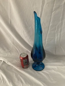 Vintage MCM WIKINGER GLAS blau geschwungene Vase Fußsockel 16,5" - Bild 1 von 9