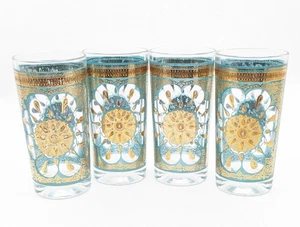 4 Vtg Cocktail Highball Tumbler in 22K Gold & Turquoise MCM Medallion 5-5/8" T - Picture 1 of 14