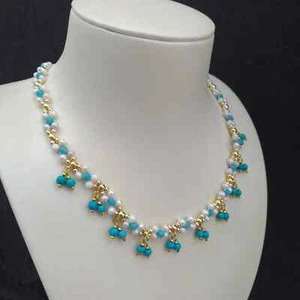 42CM Classic AAA + 3-4mm Mini White Pearl Turquoise Necklace 14k Gold P - Picture 1 of 7