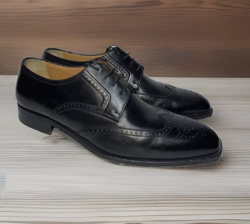 A Testoni size 9 black wingtip dress shoes oxford business wedding formal dress - Image 1 of 4