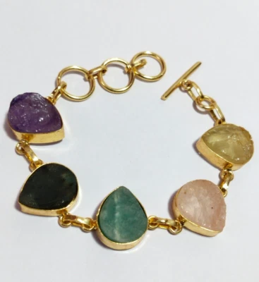 Pulsera Multi Piedra Hecha a Mano Oro Pulido Pulsera Multi Piedra Áspera. Foto 1 de 4