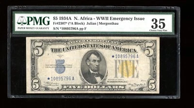 DBR 1934-A $5 Silver North Africa STAR Fr. 2307* PMG 35 Serial *10895796A - Image 1 of 2
