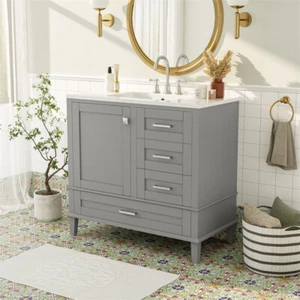 36" Gray Modern Bathroom Vanity with Sink Set Storage Cabinet w/Door &3 Drawers - Picture 1 of 23