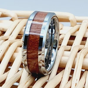 Wood Wedding Band Silver Tungsten Men's Ring Wood Inlay Engagement Ring Groom - Picture 1 of 7