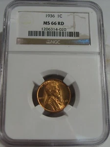 BU RED GEM 1936 Lincoln Wheat Penny NGC MS66 RD. #10 - Picture 1 of 6