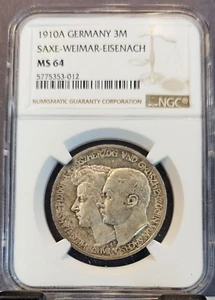 1910 GERMANY SILVER 3 MARK SAXE WEIMAR EISENACH NGC MS 64 BEAUTIFUL BU - Picture 1 of 3