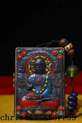 Tíbet Meteorito Hierro Plata Incrustación Gema Pintura Shakyamuni Buda Estatua Colgante Foto 1 de 4