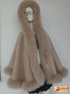 Mantello poncho con cappuccio, donna scialle lana mantello vera pelliccia di volpe orlo intorno J123 - Foto 1 di 11