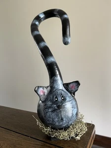 Vintage Kürbis Volkskunst handbemalt schwarz gestreift Katze Retro Wohndeko - Bild 1 von 12