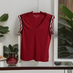 NAUTICA Logo Tee Stretch Top Womens XS Red V-Neck Embroidered Short Sleeves NEW - Picture 1 of 12
