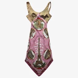 Vintage Y2K Women's LM Lulu Paris 2000 Eiffel Tower Print Pink & Gold Dress, 90s - Picture 1 of 13