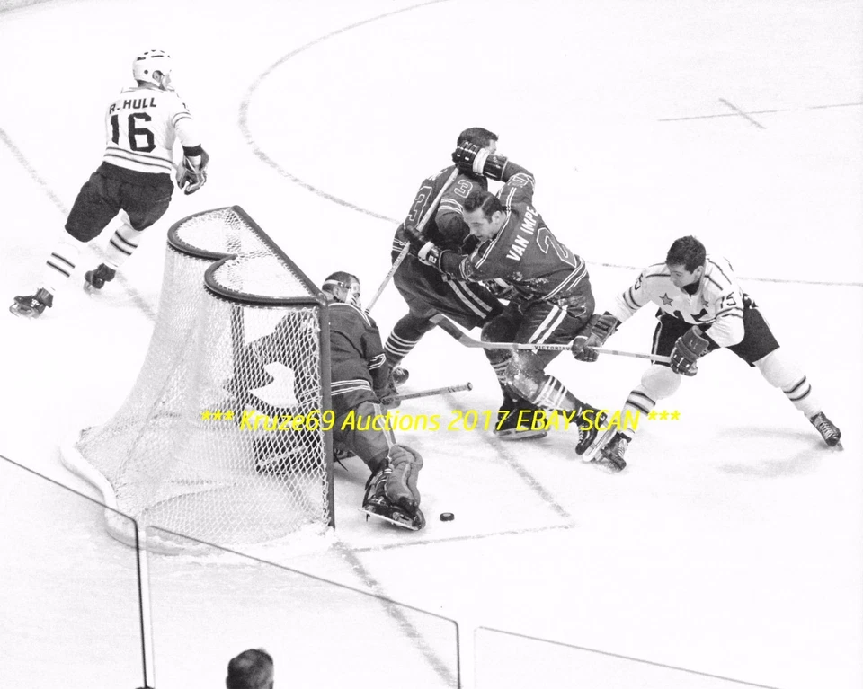 GLENN HALL Big SAVE In NET vs Hull & Rousseau NHL ALL STAR GAME 8x10 Foto AZUL Foto 1 de 1
